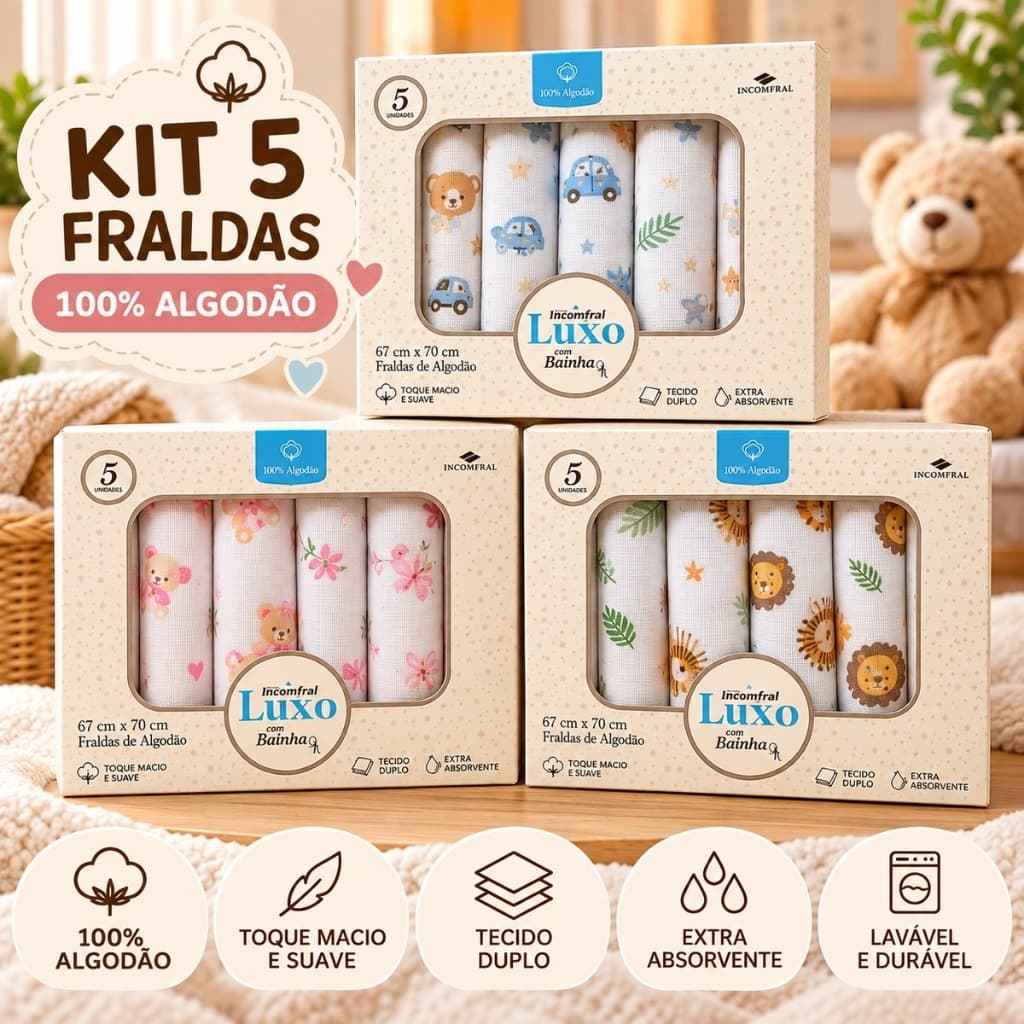 Fralda de Pano Bebê Luxo Bainha 100% Algodão Caixa kit 5 Unidades Bebê Menina Menino Enxoval Presente