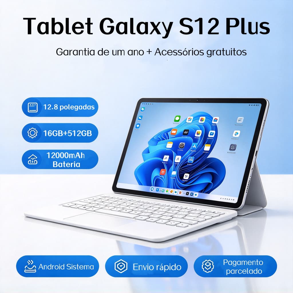 【Teclado e mouse grátis】Tablet Galaxy S12 Plus de 12,8 polegadas, 16 GB + 512 GB, Android, 5G, bateria de 12000 mAh