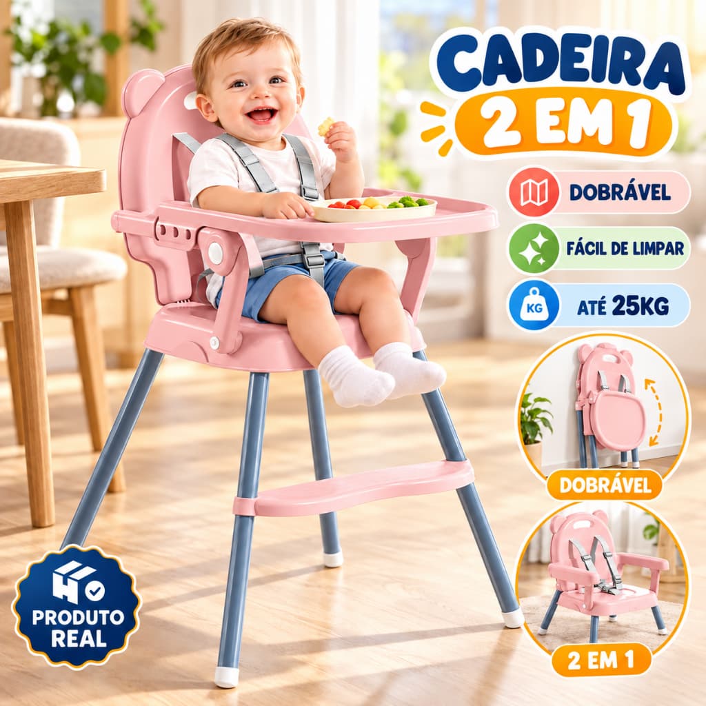 Cadeira de Alimentação Portátil 2 em 1 Multifuncional para Bebê com Rodas e Assento Dobrável Gourmet P19