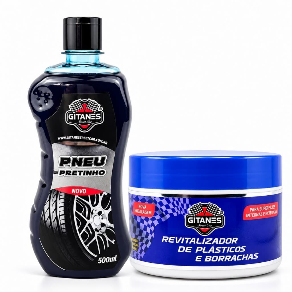 Kit Pretinho 500ml + Revitalizador De Plástico 200g Brilho e Renovação Carro Moto Borracha