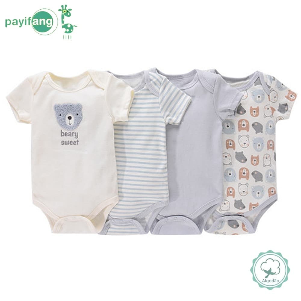 Kit 4 Peças Body Bebê Manga Curta 100% Algodão Ursinho Recém Nascido 0 a 9 Meses Macio Confortável Enxoval Infantil