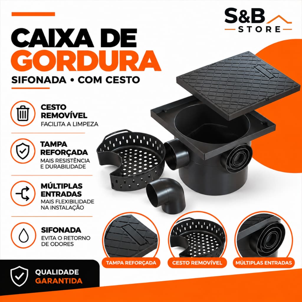 Caixa de Gordura Reforçada 200KG Sifonada Preta 10 Litros C/ Cesto Bragioni