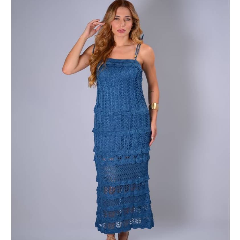 Vestido Feminino Vestido Midi Tricot Rendado Babados Alcinha Amarrar Roupa Feminina Elegante