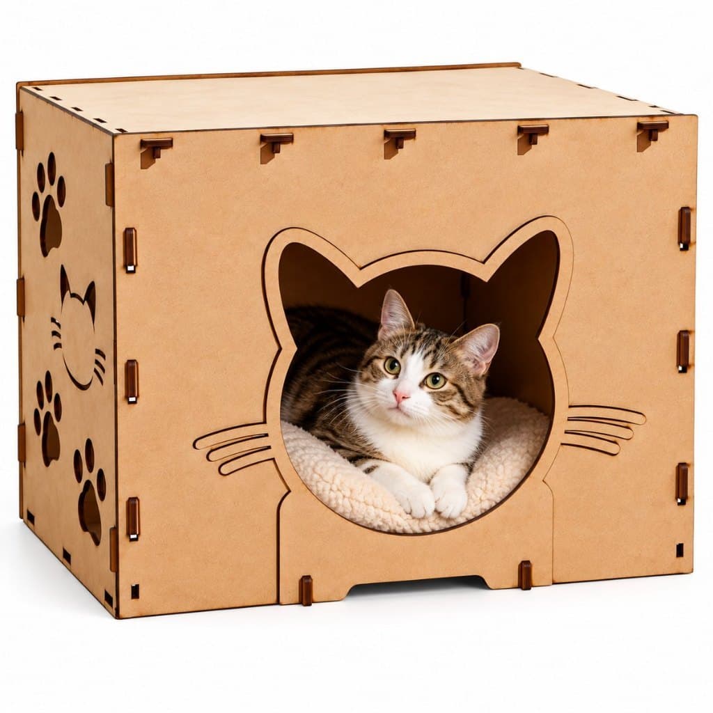 Casinha de Gato em MDF Cru com Entrada Formato Gatinho – Pet para Dormir, Descansar e Abrigar Gatos – Envio Desmontado