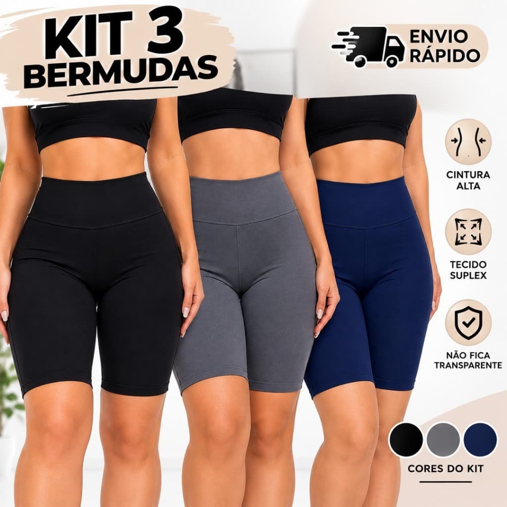 Kit 3 Bermudas Ciclista Femininas Suplex Cintura Alta Academia Fitness Zero Transparência