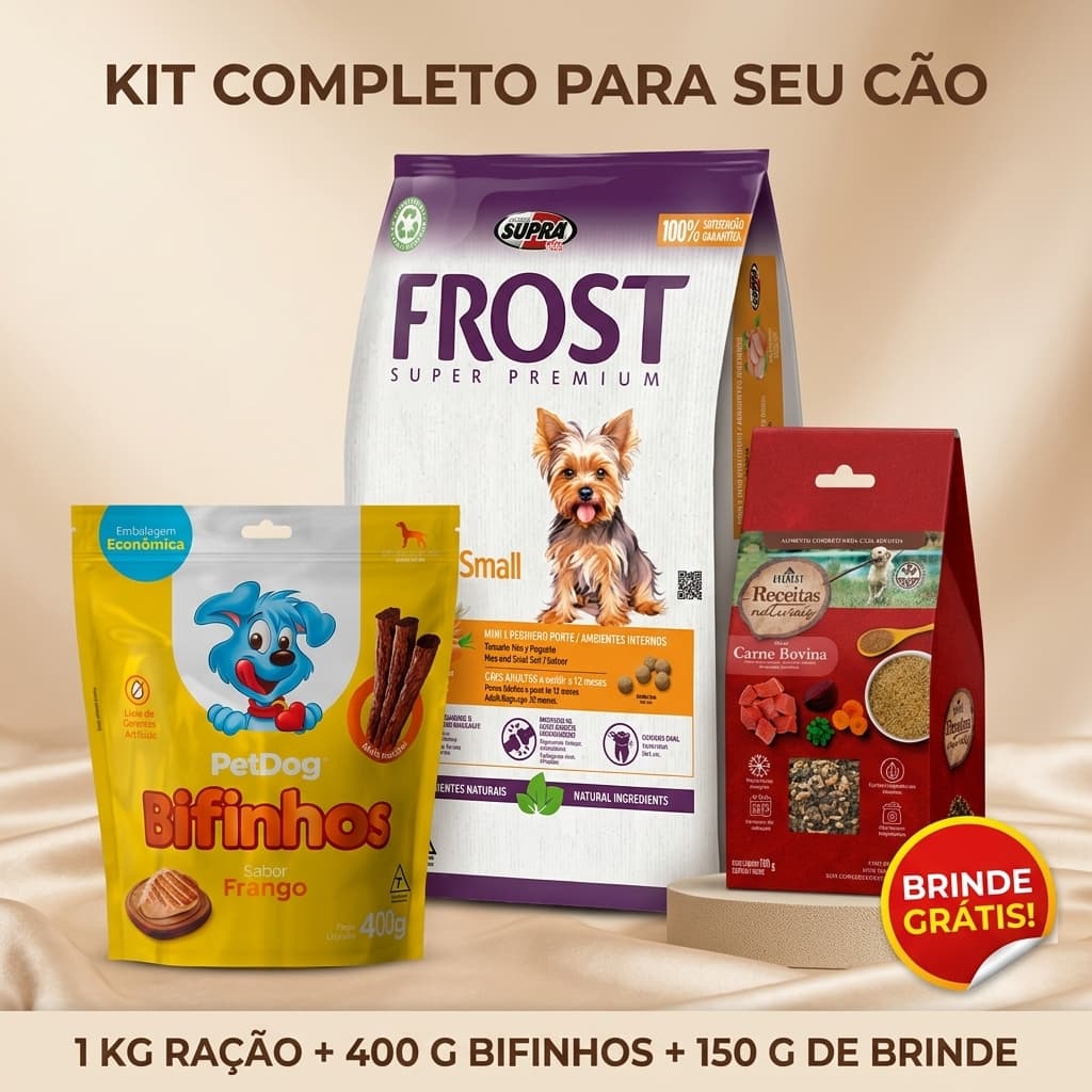 Ração e Petisco para Cachorro Frost 1kg + Bifinhos PetDog 400g + Brinde Everest 150g