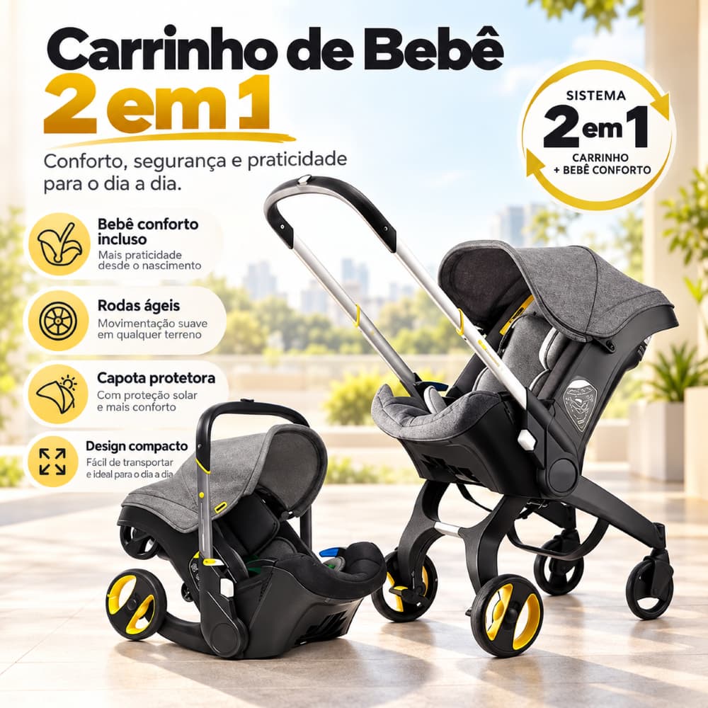 Carrinho de Bebê 2 em 1 com Bebê Conforto, Capota Retrátil, Rodas com Detalhes Amarelos e Design Compacto