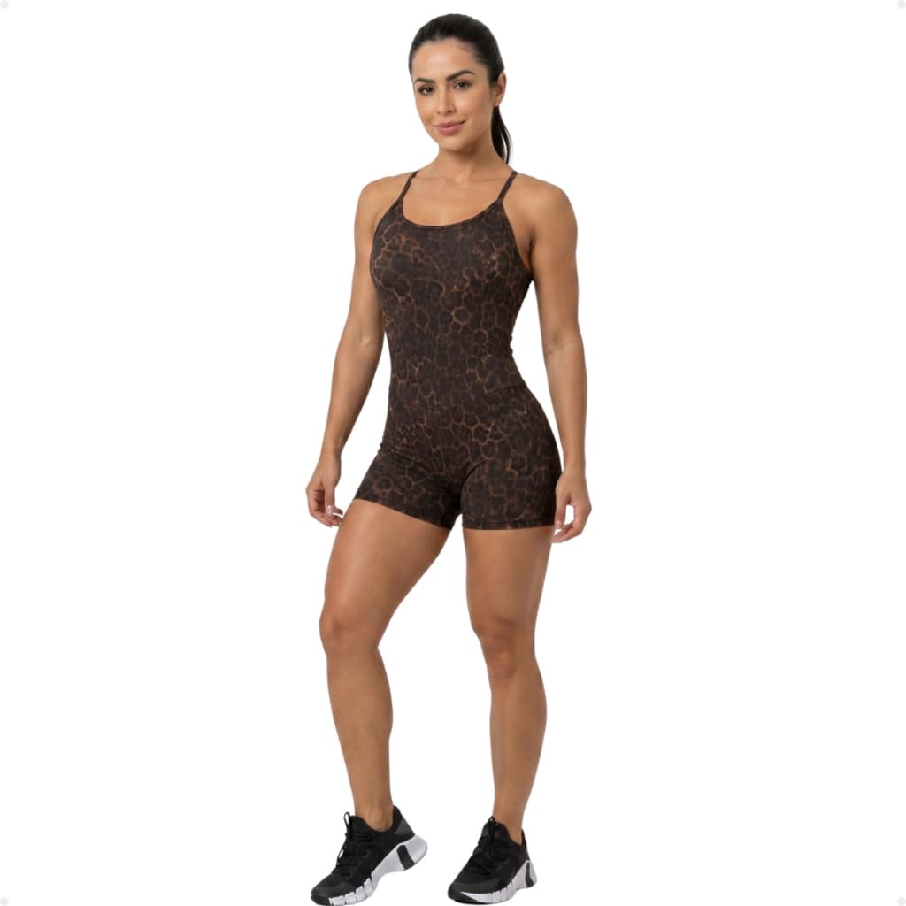 Macaquinho Fitness Feminino Estampado Forrado Alças Cruzadas Modelagem Justa Confortável