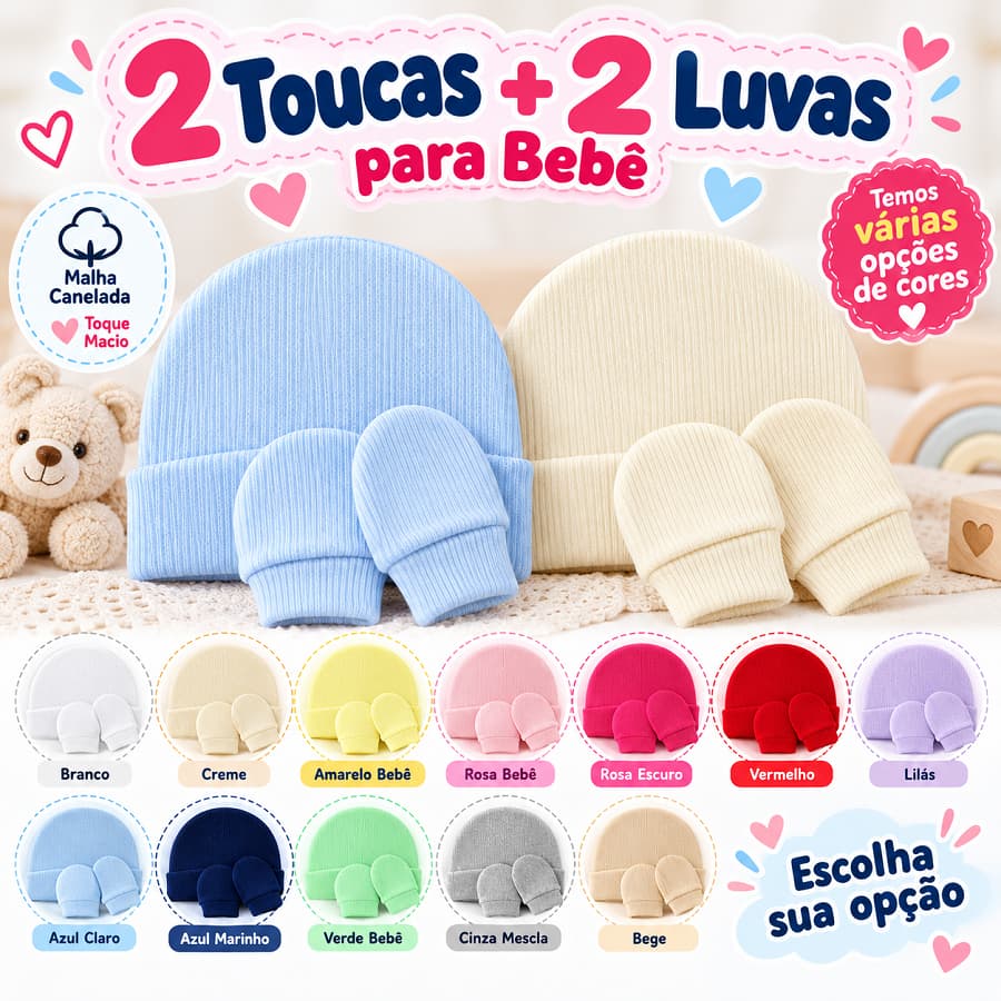 Kit 2 Toucas e 2 Pares de Luvas Bebê Recém-Nascido RN Luvinha Bebe Malha Canelada Enxoval Maternidade