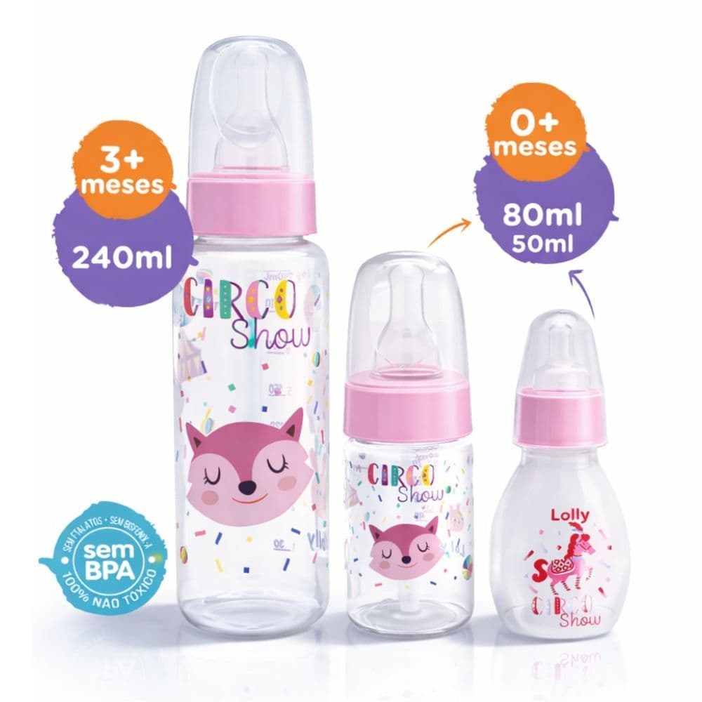 Kit 3 Mamadeiras Bebê Menina 50ml 80ml 240ml Bico Redondo