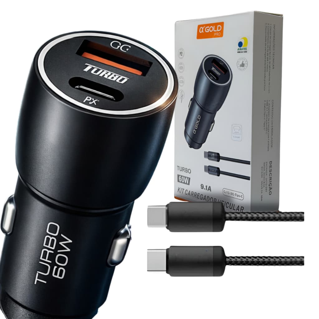 Carregador Veicular Turbo 60W PD USB-C com Cabo Tipo C para Tipo C Compatível Android e iPhone Carregamento Rápido