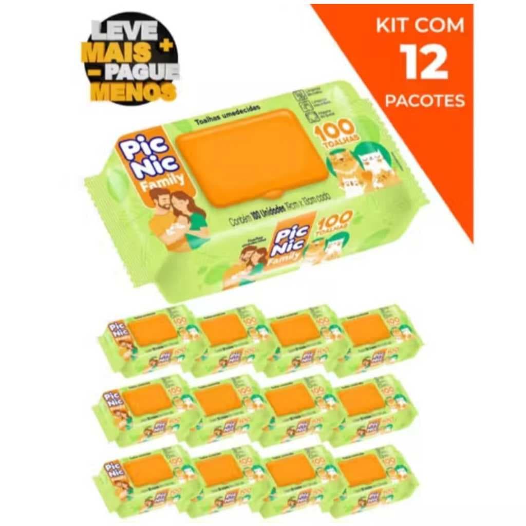 Caixa Lenço Umedecido Pic Nic 1200 Unidades – 12 Pacotes com 100 Lenços para Bebê