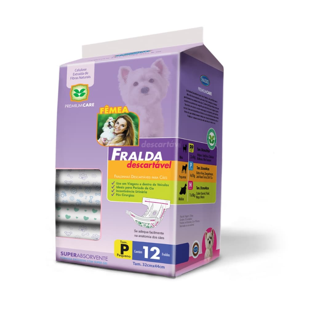 Fralda Para Cães Femea Tamanho PP, P E M Pacote Com 12 Descartavel Chalesco