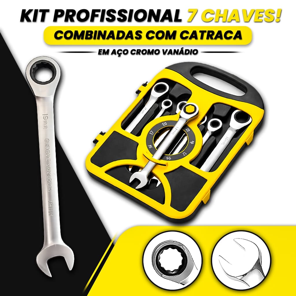 Kit Jogo de Chaves Combinadas Catraca 72 Dentes 7 Peças Aço Cr-V Profissional