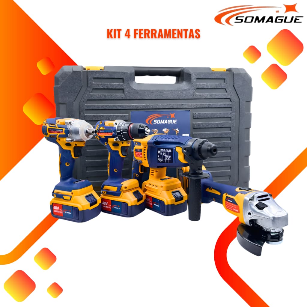 Kit 4 Ferramentas 48v Martelete Furadeira Esmerilhadeira parafusadeira Chave de impacto + Maleta