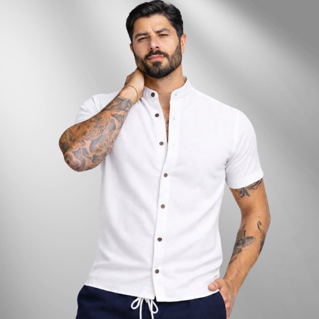 Camiseta Social Manga Curta Gola Padre Algodão Masculina Slim Fit Blusa Linho Gola Padre