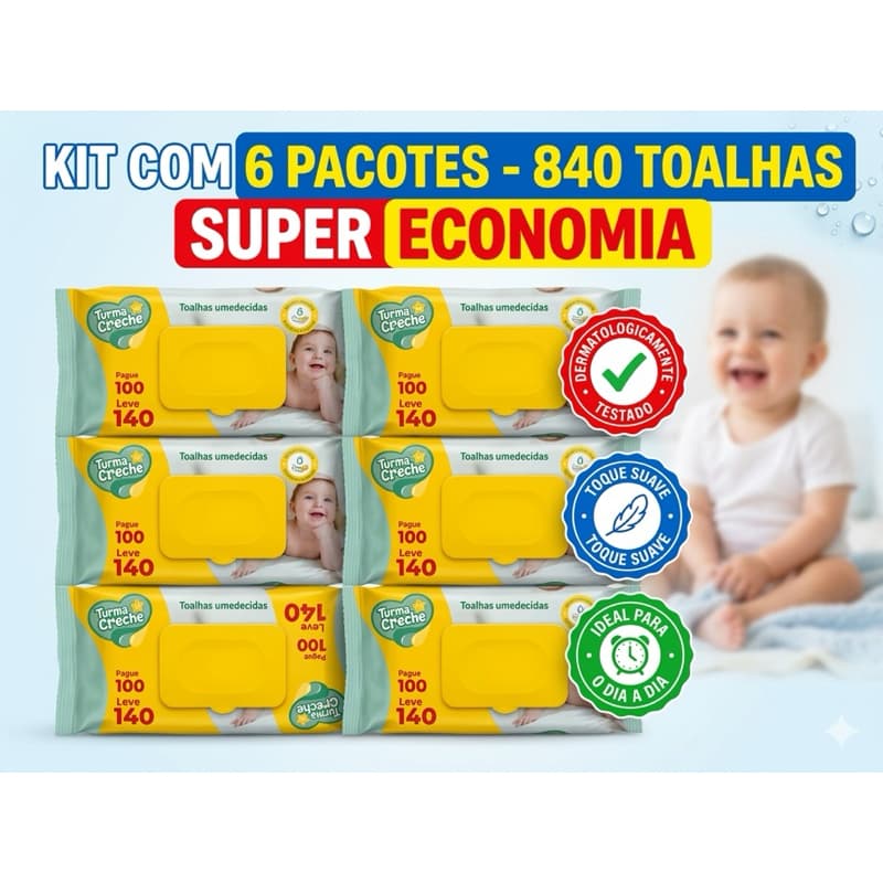 Kit 6 Lenços Umedecidos Turma Da Creche 840 Toalhas Bebê Suave Econômico