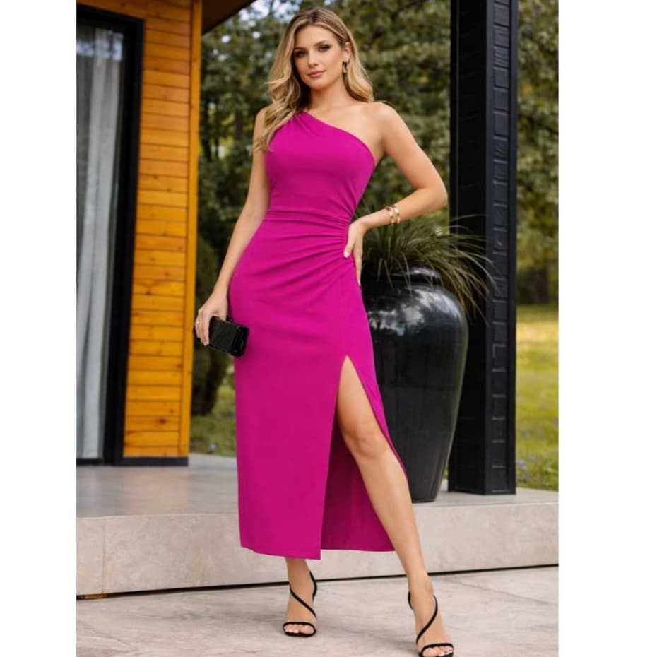 Vestido Longo Feminino Ombro Único Rosa com Fenda Elegante Festa Evento Moda Feminina Vestido Longo