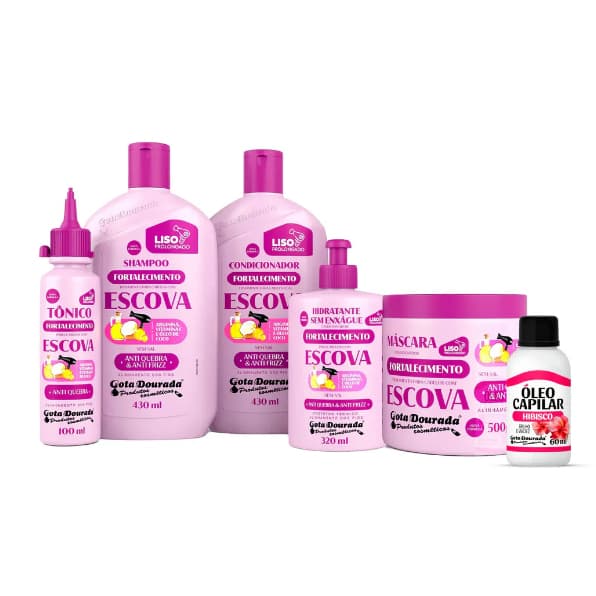 Gota Dourada Fortalecimento Escova (Shampoo, Condicionador, Máscara, Creme Hidratante e Tônico)