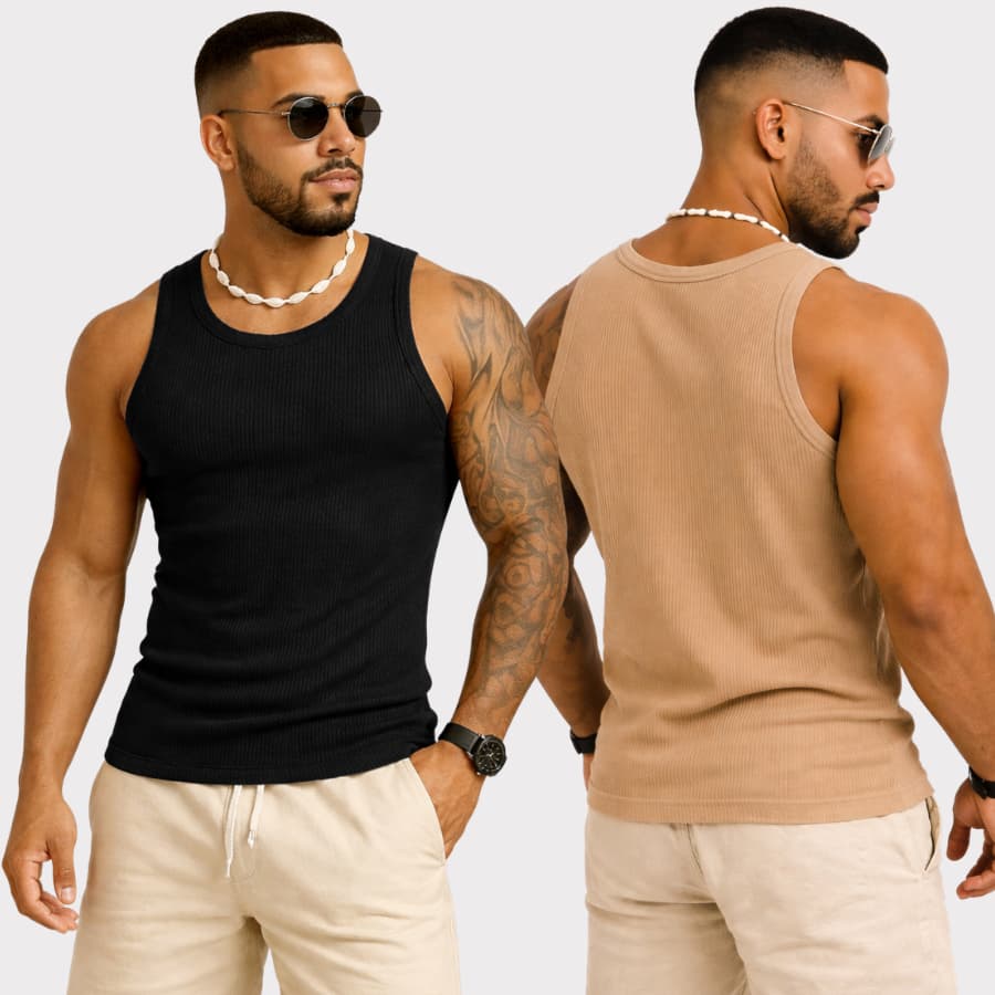 Kit Com 2 Regatas Caneladas Camisetas Lisa Estilo Americana Academia Masculina Treino Musculação