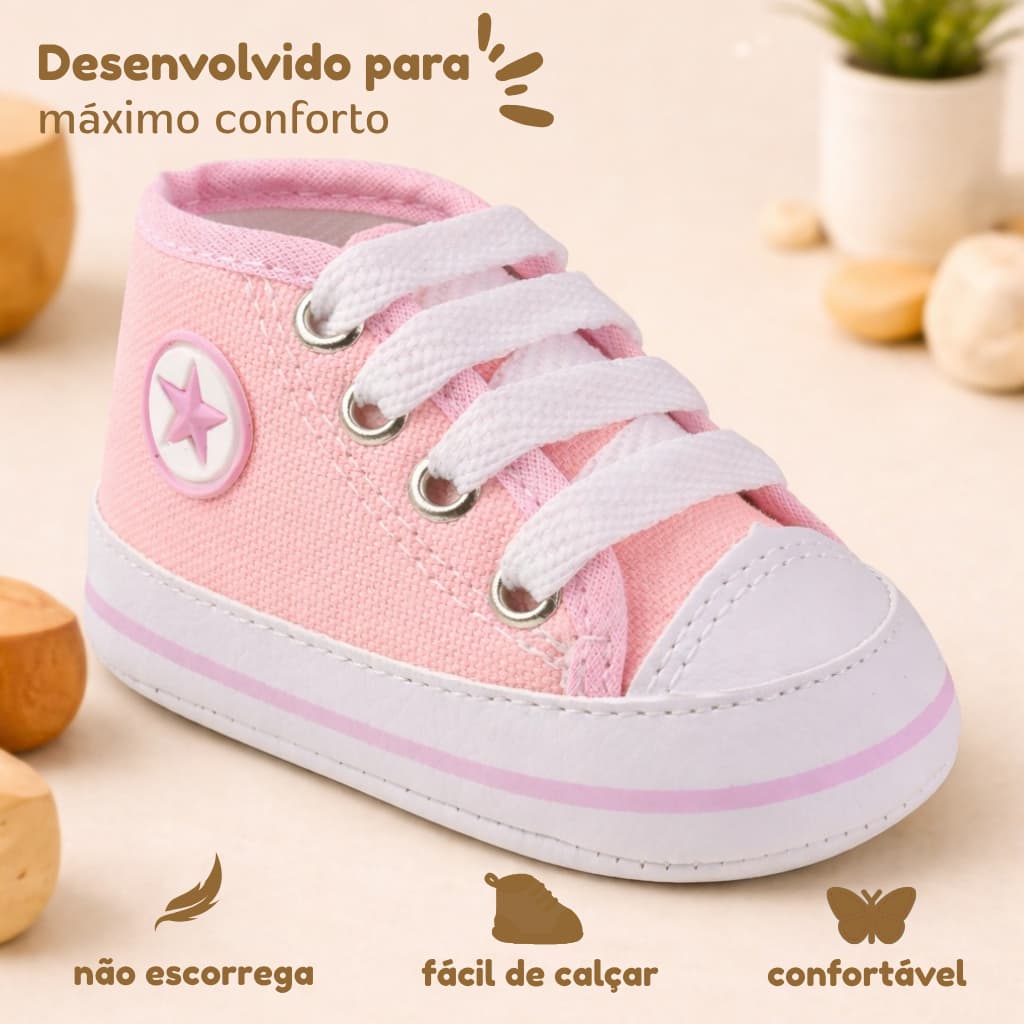 Tênis Infantil Menina Sapatinho Bebê Rosa em Lona Dudu Calçados Confortável Antiderrapante