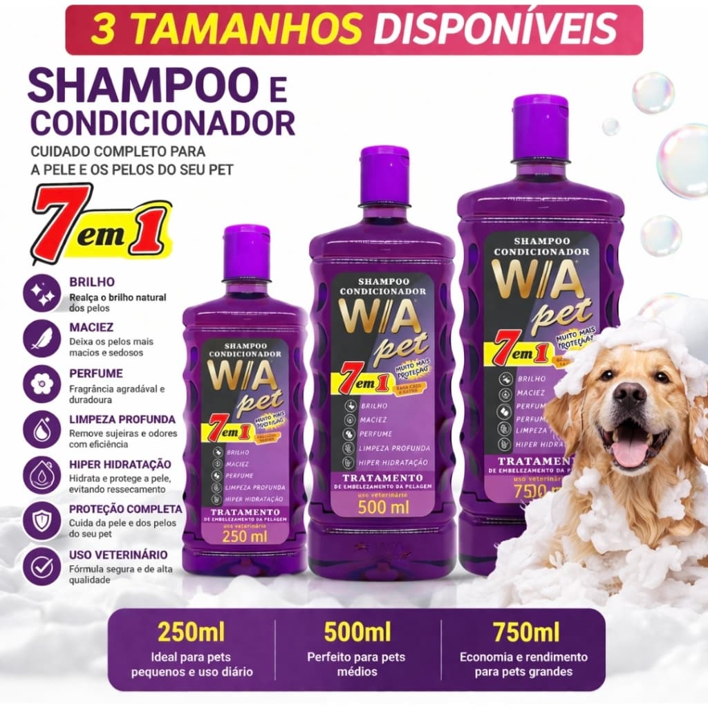 SHAMPOO W/A 7 EM 1 SHAMPOO E CONDICIONADOR HIDRATAÇÃO PARA CÃES E GATOS ADULTOS 250/500/750ML