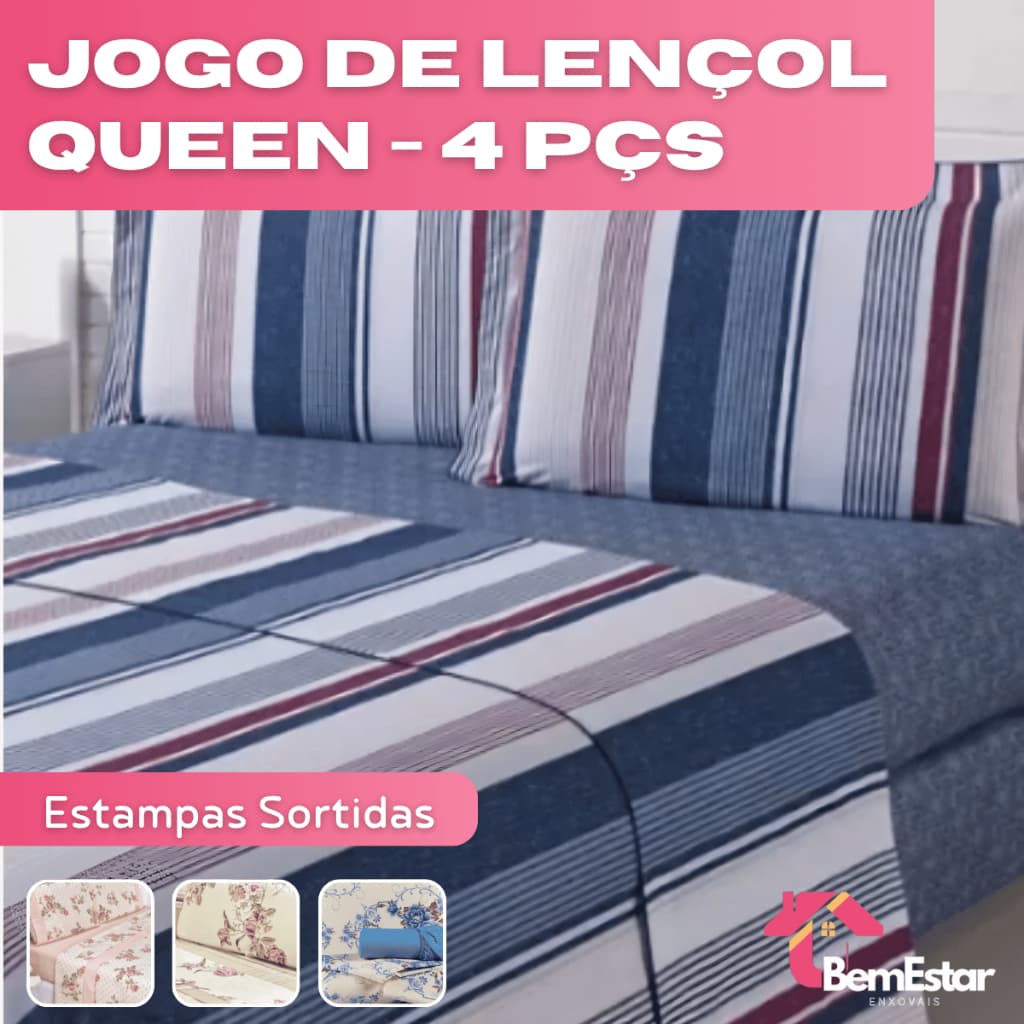 Kit 4 Peças Jogo de Cama Lençol Casal Queen Microfibra Com Elástico Estampas Sortidas