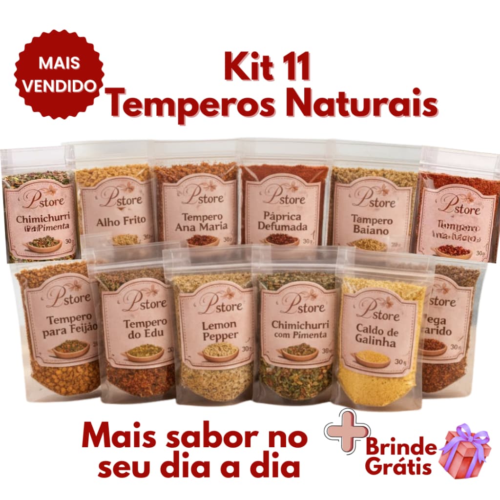 Kit 11 Temperos Naturais Completo 30g 50g 100g | Tempero Caseiro para Carne Frango Feijão | Sem Conservantes + Brinde