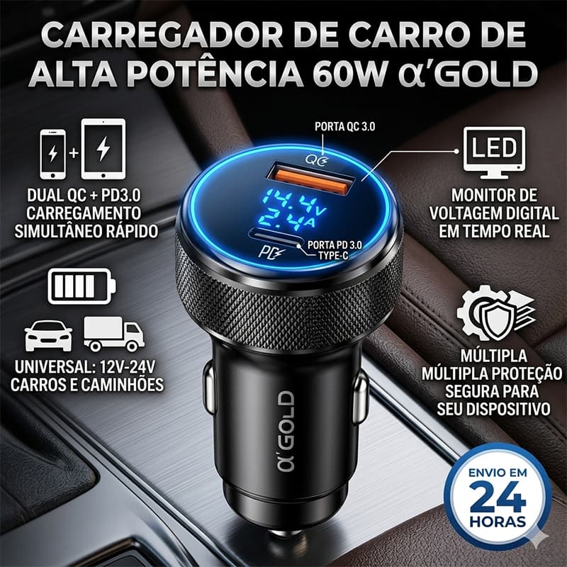 Carregador Veicular Turbo 60W USB e Tipo C com Carregamento Rápido Universal