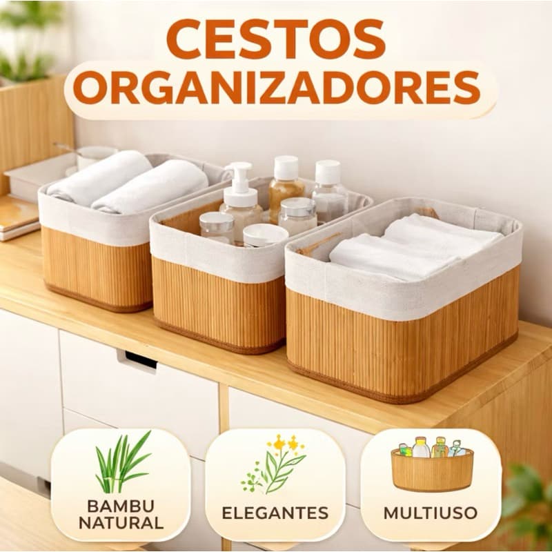 Kit 3 Cestos Organizadores Bambu Premium | Organizador Multiuso Casa Banheiro Cozinha