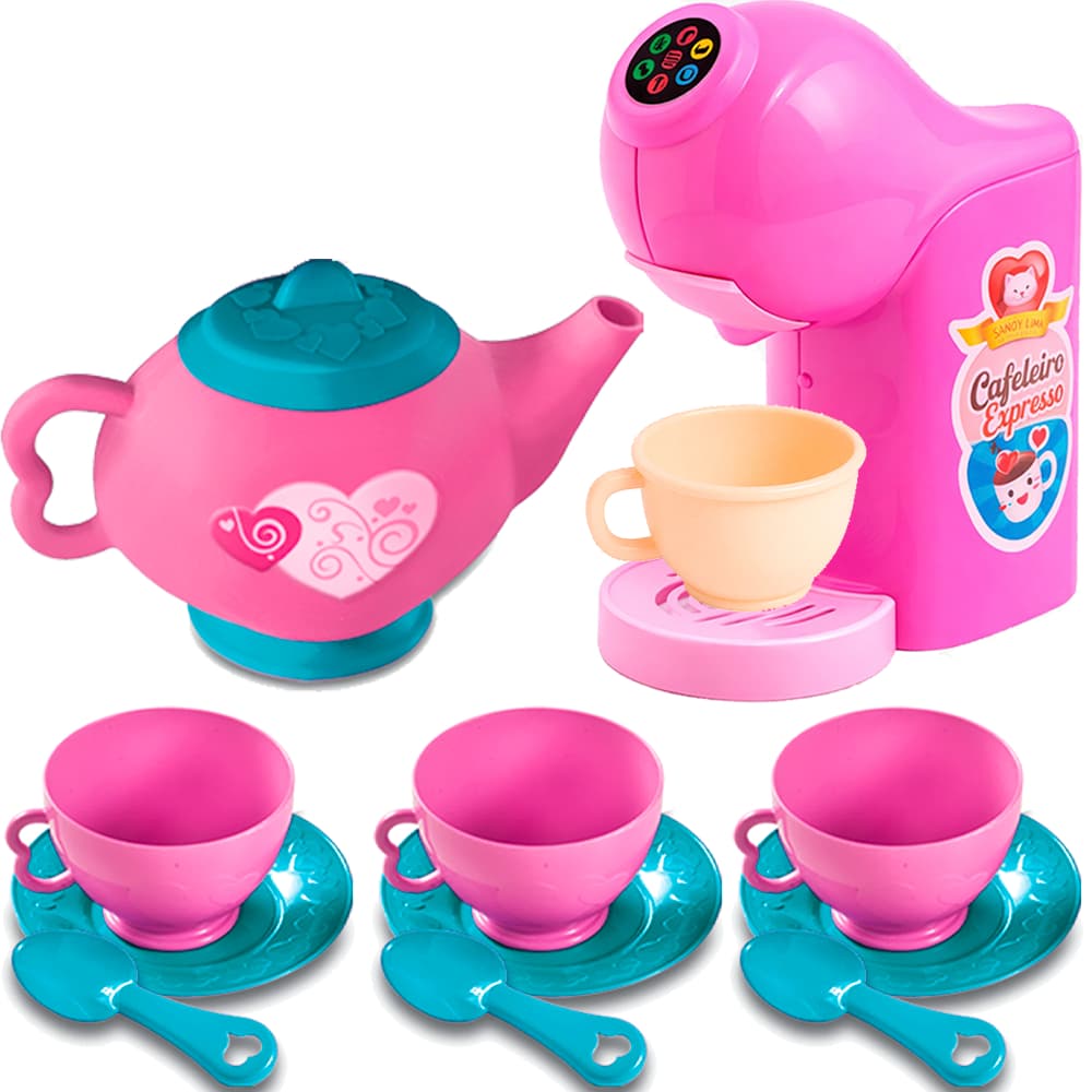 Kit Brinquedo de Menina Infantil Cozinha Bebê Cafeteira Expresso com Cápsula Faz de Conta