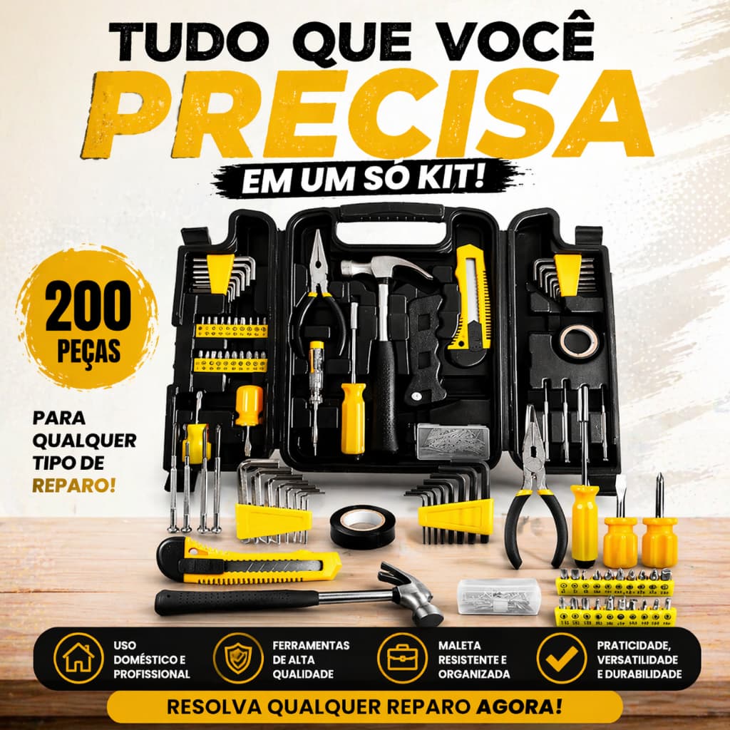 Kit Completo 200 Peças com Maleta Organizada Ferramentas Profissionais para Casa e Trabalho