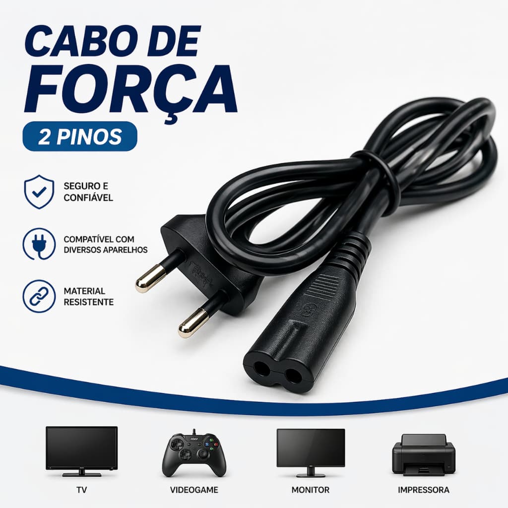 Cabo Bipolar De Força Energia 2 pinos 1,5M para TV´s Video Game Rádio - Reforçado Universal
