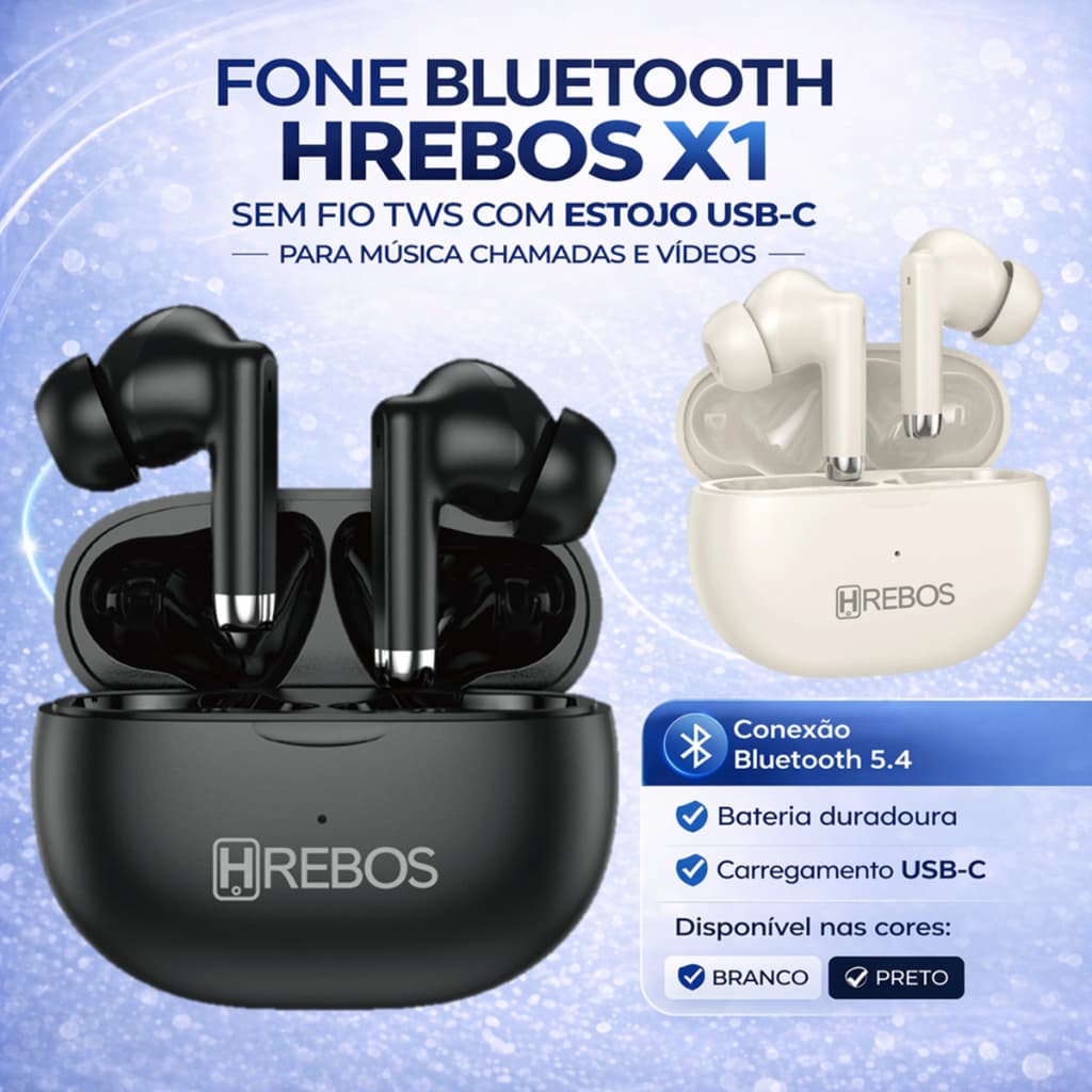 Fone Bluetooth Hrebos X1 Sem Fio TWS Com Estojo USB-C Para Música Chamadas Mic Vídeos Home Office