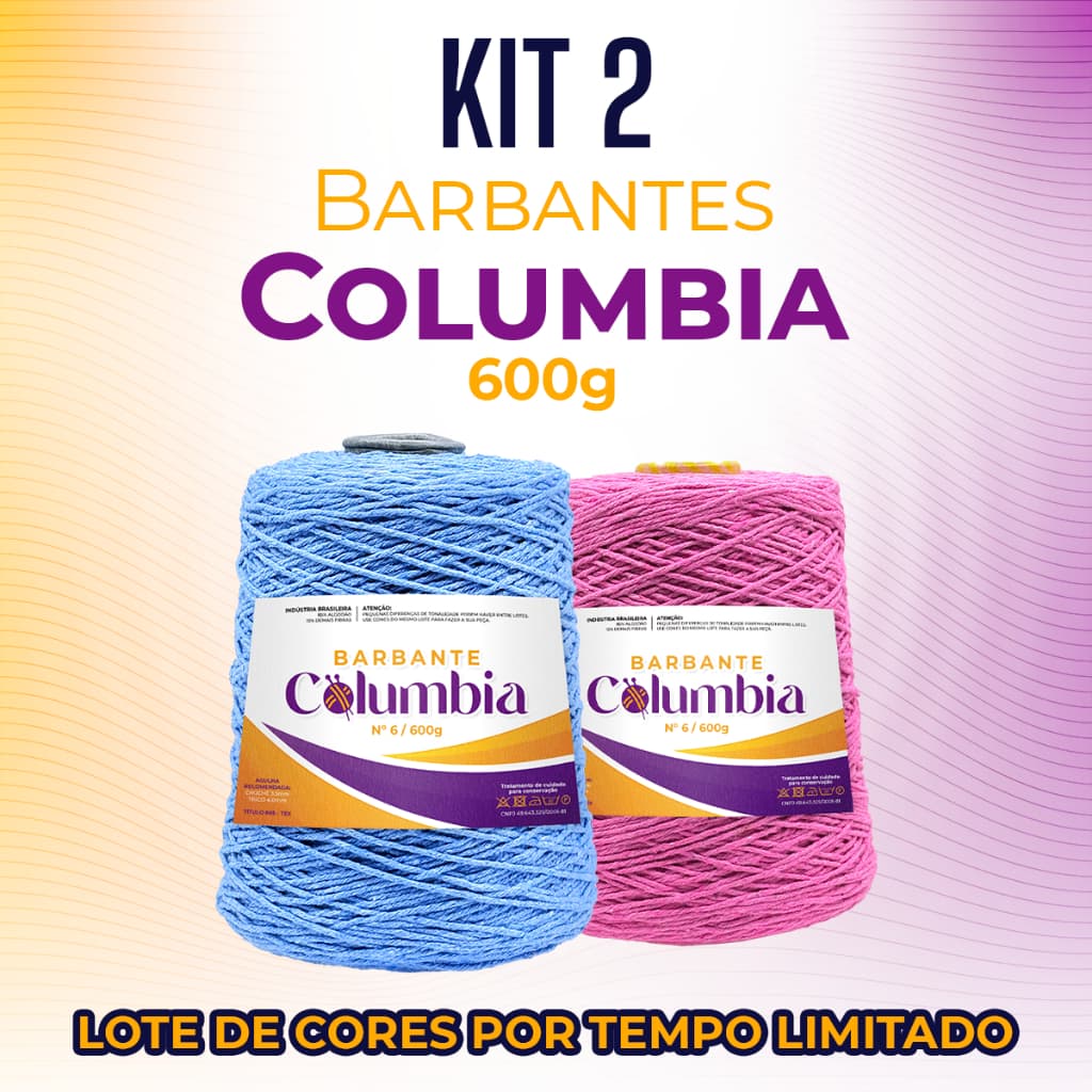 Kit 2 Rolos Barbante Columbia/CiaNorte Pop 600 metros coloridos para Crochê/Tricô