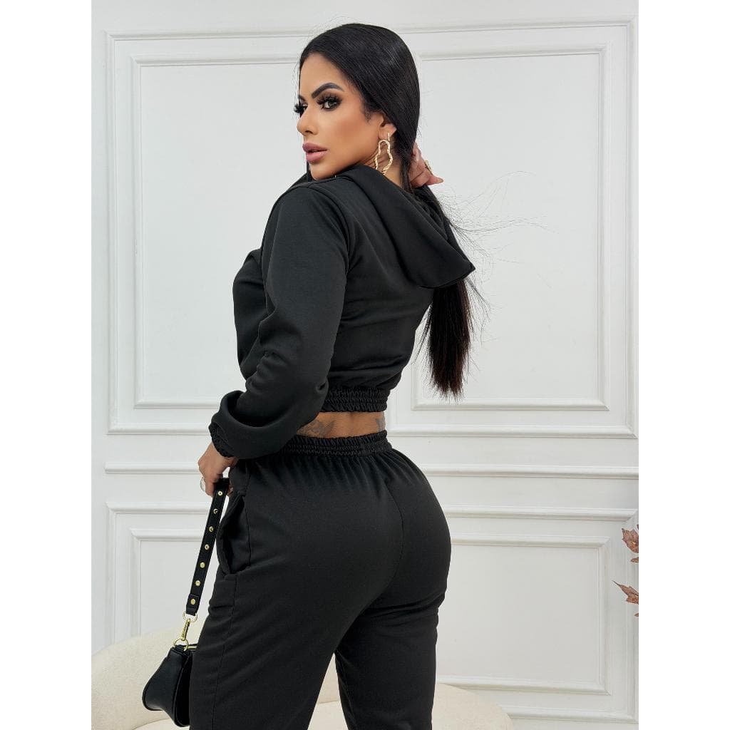 CONJUNTO DE FRIO MOLETOM FEMENINO CROPPET COM CAPUZ E CALÇA CON BOLSO TEJIDP PREMIUM MUITO EETILISO 100% POLIESTER