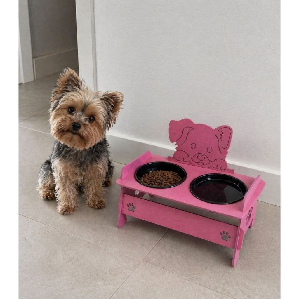 comedouro gato ou cachorro pet elevado agua ração postura rosa ou azul mdf com desenho duplo