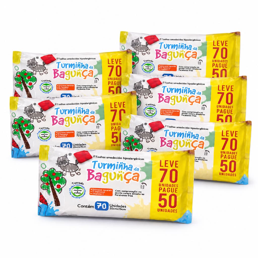 Lenço Umedecido Turminha Da Bagunça 70 Folhas 20x15 Kit 6 Pacotes