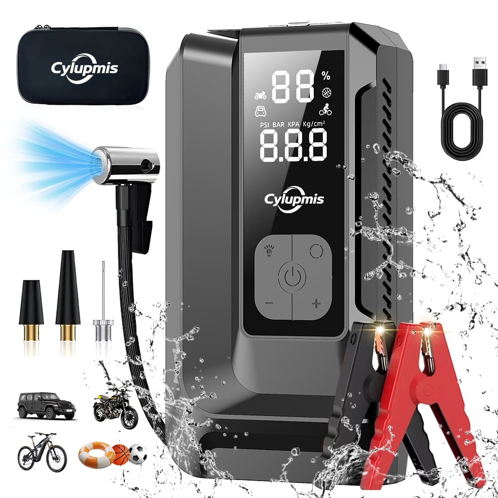 Arrancador e Compressor de Ar para Carro 12V, Fonte de Emergência 26800mAh 150PSI com USB-C e Lanterna