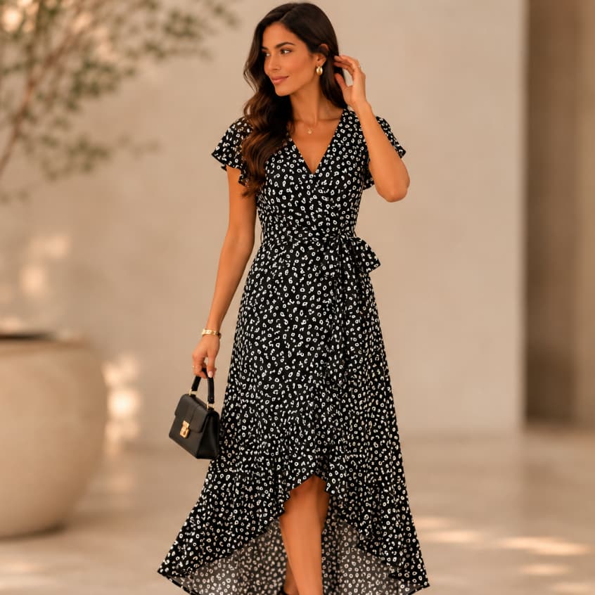 Vestido Midi Feminino Envelope Forrado Ajustável Na Cintura Florzinhas