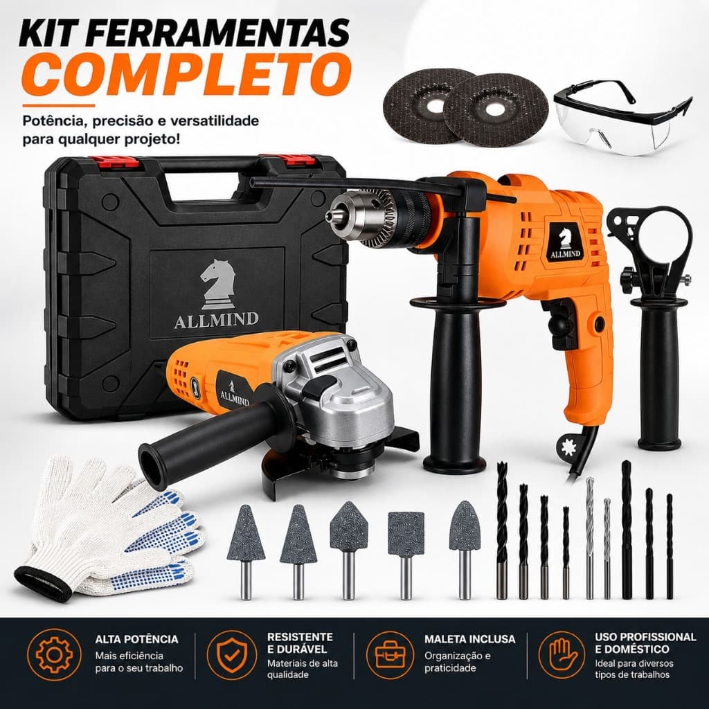 Kit Lixadeira Esmerilhadeira Angular Furadeira de Impacto 10mm e Maleta de Transporte Com Acessórios