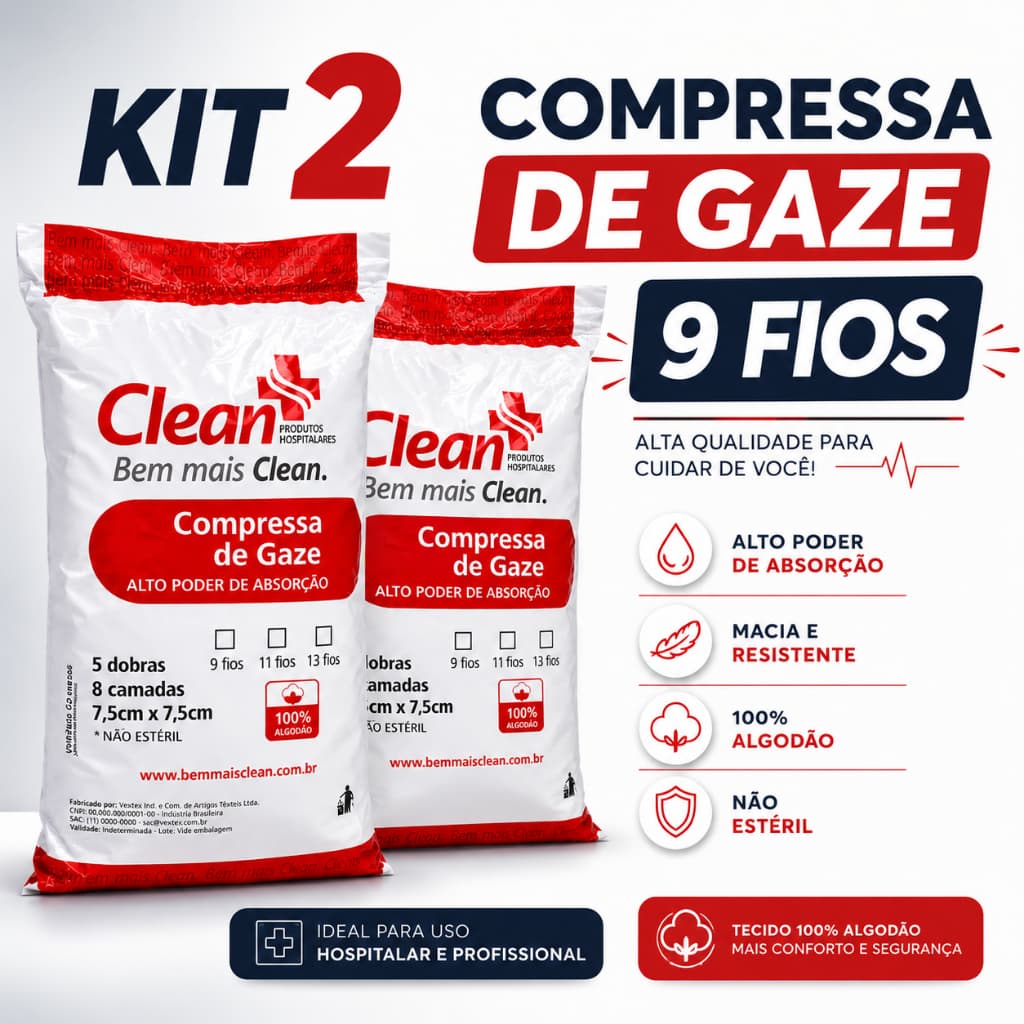 Kit 2x Compressa De Gaze 9 Fios Hidrófila Não Estéril 1000Un ou 360g Ideal Para Curativo