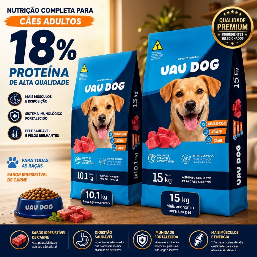 Ração Cachorro 15kg ou 10kg Uau Dog Sabor Carne 18% Proteína