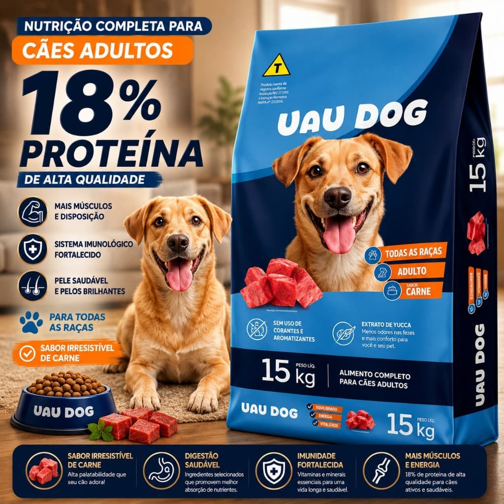 Ração Cachorro 15kg Uau Dog Adulto Sabor Carne 18% Proteína