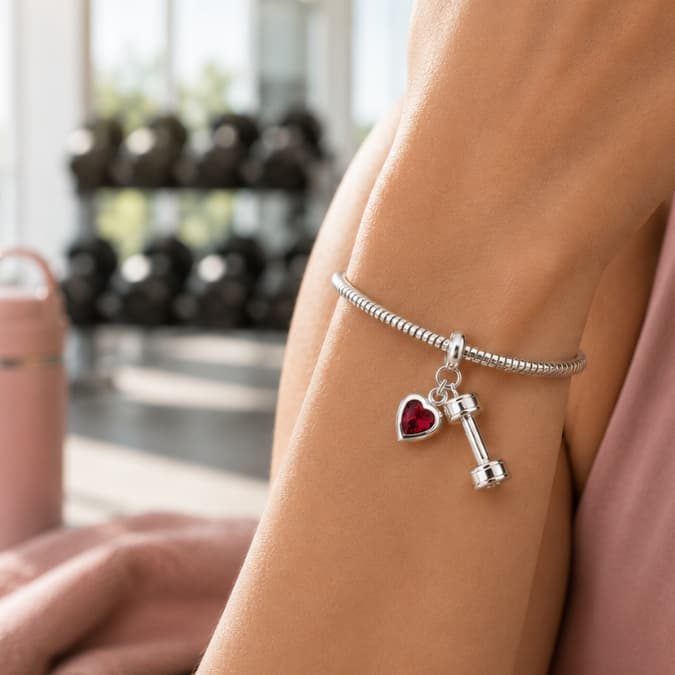 Berloque Academia Halter com Coração Rosa Charm Fitness Pulseira Treino Musculação
