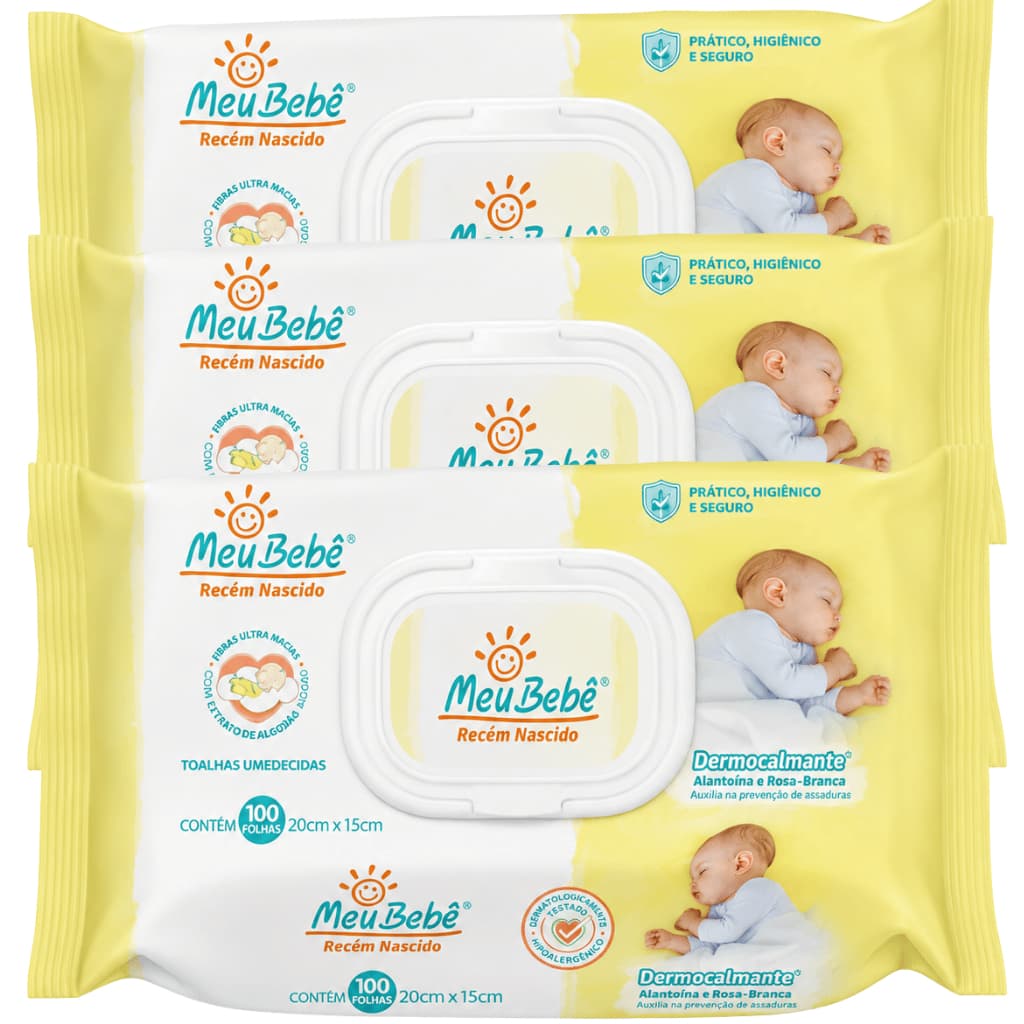 Kit 3 pacote Toalha Umedecida Meu Bebê Recém Nascido 100 lenços cada