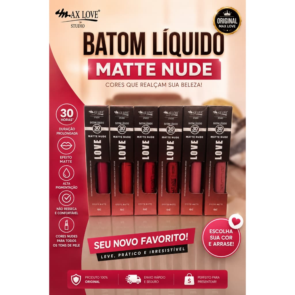 Batom liquido 30 horas Matte Nude Max Love cores 656 ao 661.