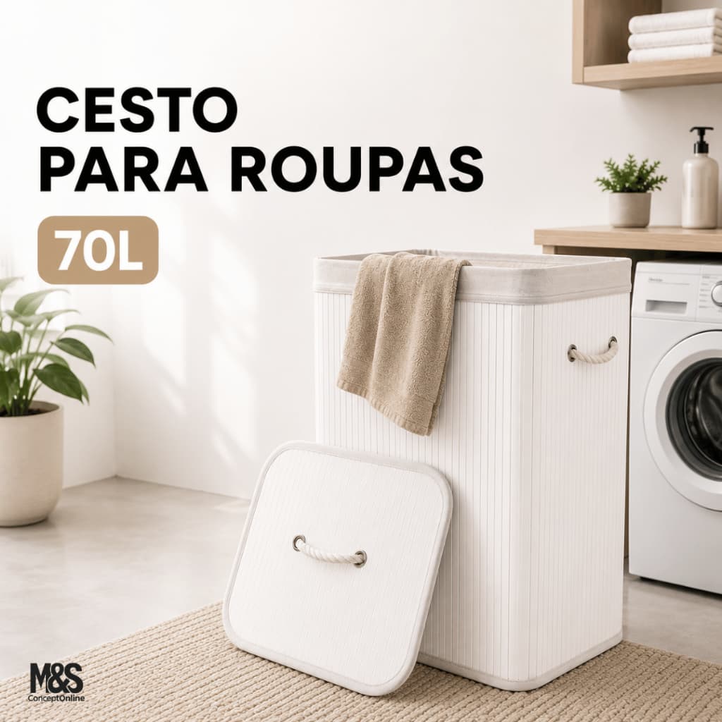 Cesto Roupa 70L Bambu/Branco/Marrom com Tampa Alças Organizador Banheiro Quarto Closet Lavanderia