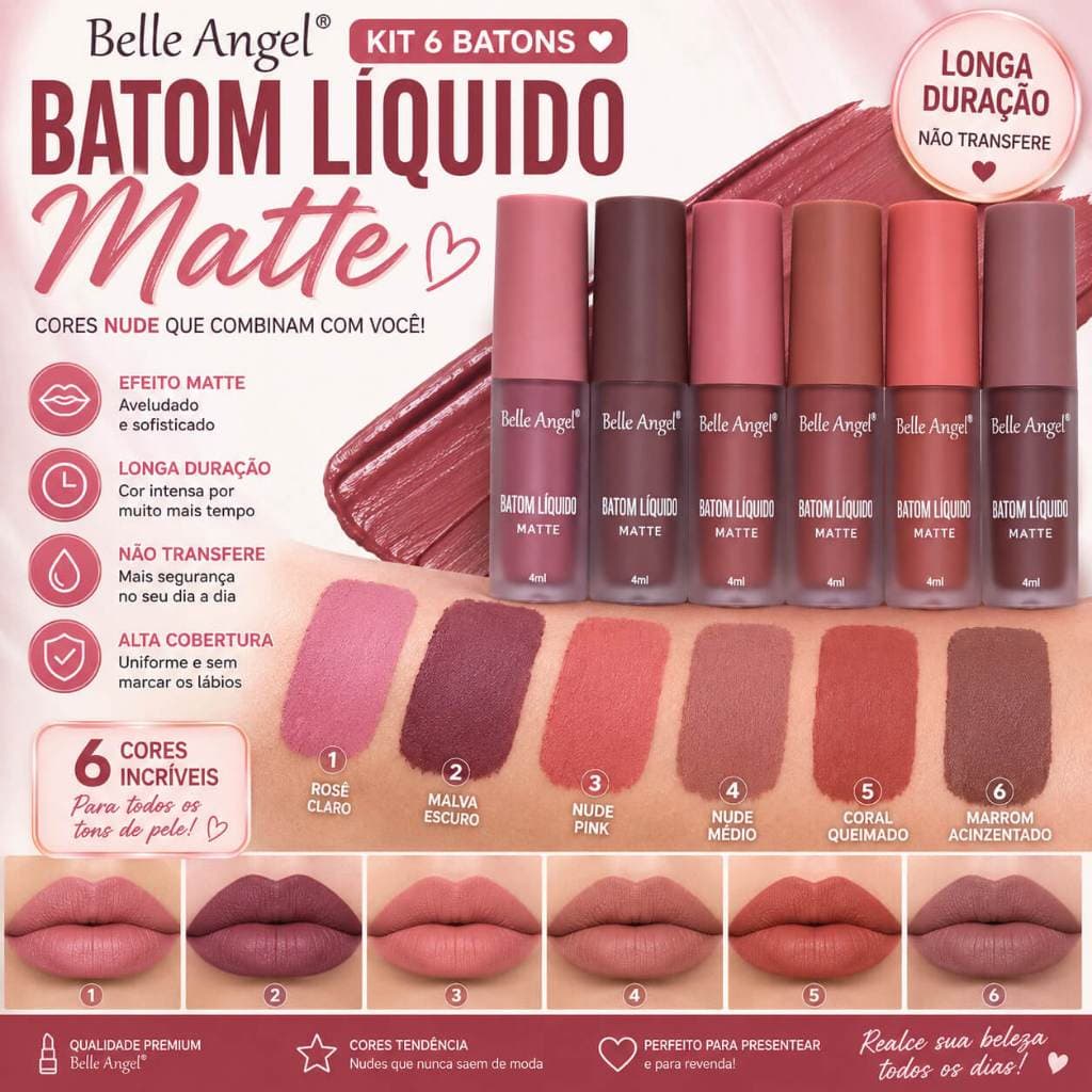 Kit 6 Batom Líquido Matte Belle Angel Longa Duração Cores Nude