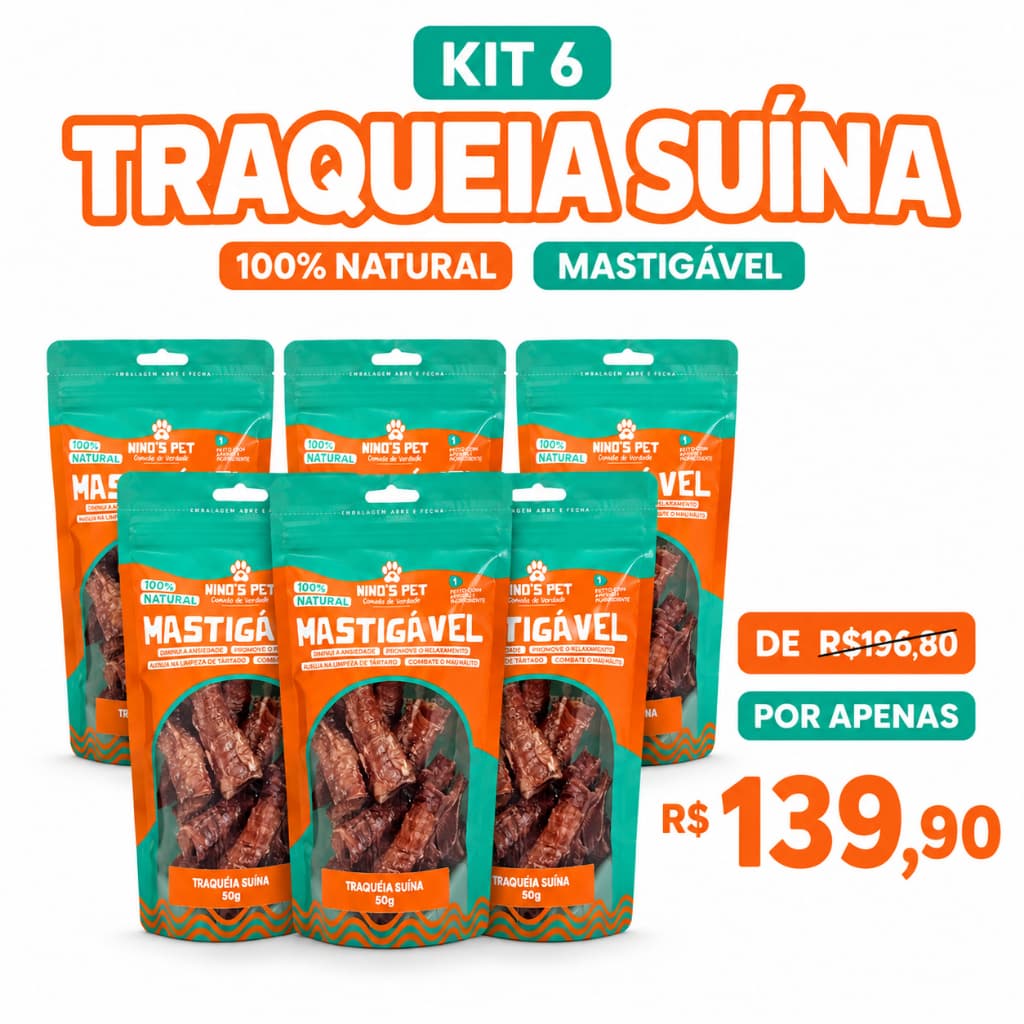 Kit 6 Traqueia Suína Desidratada Natural Mastigável para Cães Petisco Saudável Snack Ninos Pet